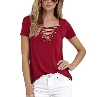 Andongnywell Women's Sexy Off Shoulder Short Sleeve Lace Up Casual Tunic Solid Color Blouse Tops Shirts
