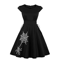 Wellwits Women's Embroidery Lace up Gothic Black Halloween Vintage Dress
