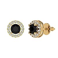 1.60 ct Round Cut Halo Solitaire Genuine Natural Black Onyx Pair of Solitaire Stud Screw Back Earrings 14k Yellow Gold
