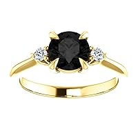 Three Stone Black Onyx 1.5 CT Round Ring, Minimalist Round Shape Black Diamond Ring, Dainty Tear Drop Black Diamond Engagement Ring, 10K Yellow Gold Ring, Perfact for Gifts or As You Want