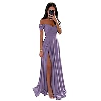 PEIYJYUSP Off Shoulder Satin Bridesmaid Dresses for Wedding Long Ruched A Line Corset Formal Prom Dress with Slit