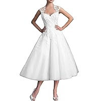Lace Cap Sleeves Tea Length Reception Wedding Dress