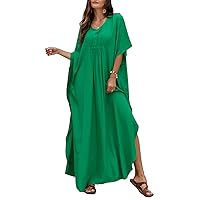 QIUYEJUO Kaftan Dresses for Women Rayon Cover Up V Neck Batwing Sleeve Plus Size Caftan Long Beach Dress Solid Color