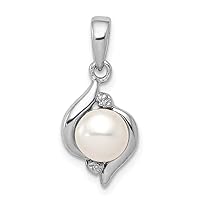 925 Sterling Silver Polished Rhodium 6mm Freshwater Cultured Pearl and Diamond Pendant Necklace Jewelry Gifts for Women