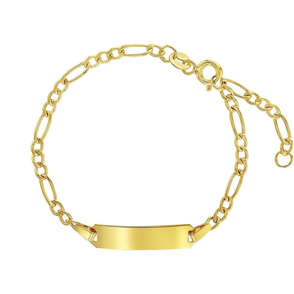 14k Yellow Gold Unisex Adjustable Kids ID Bracelet with Engravable Identification Tag - Cute Figaro Link Chain Rectangular Name Plate Bracelets for Babies & Children - Small ID Bracelet