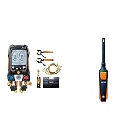 Testo 557s Kit I App Operated Digital Manifold, 2 x testo 115i Pipe Clamp Thermometer, 1 x testo 552i Micron Gauge, 4 x Hoses I for HVAC Systems – with Bluetooth & 605i | Thermohygrometer