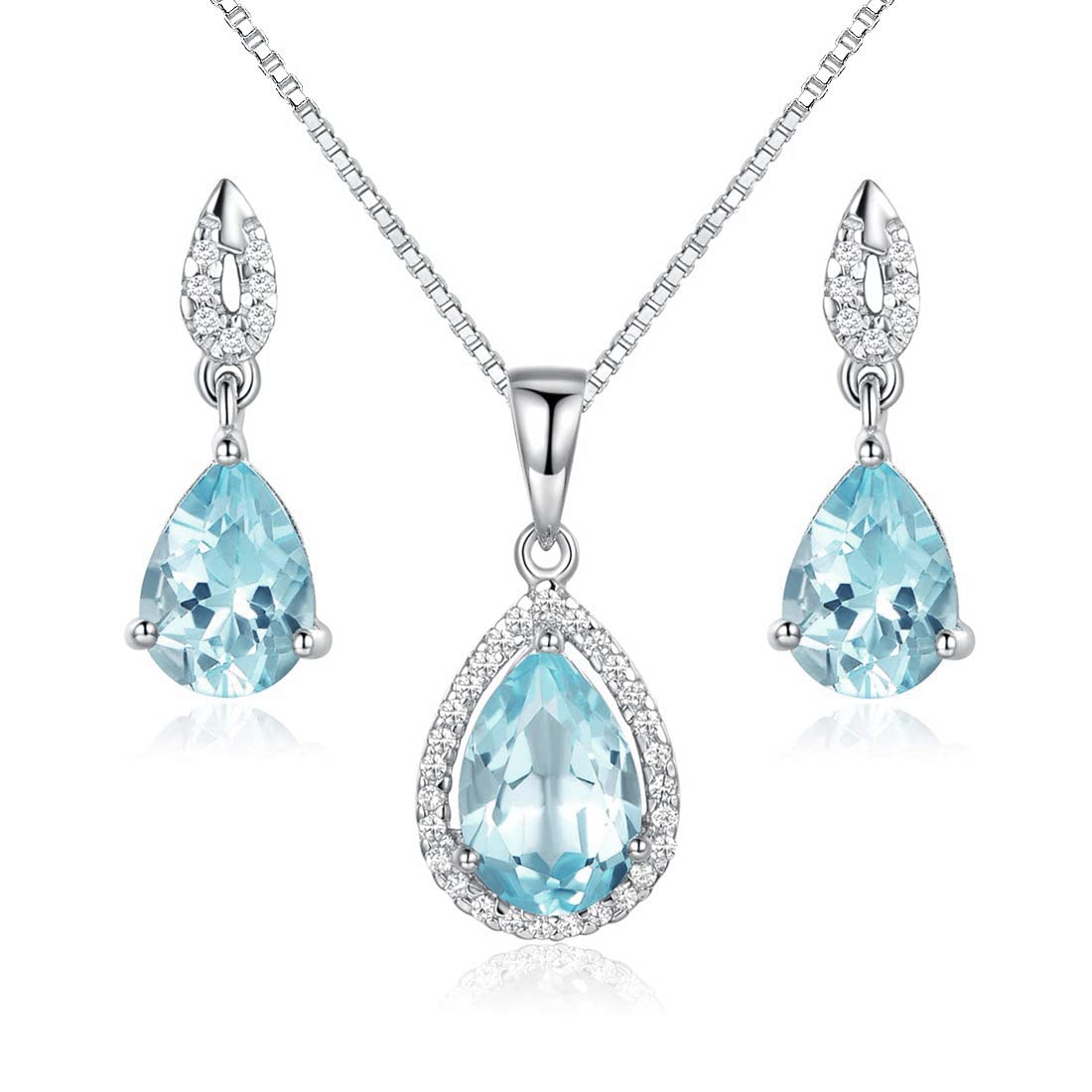JIANGXIN Teardrop Birthstone 925 Sterling Silver Rhodium Plated Gemstone Jewelry Set for Women Stud Earring Pendant Necklace 16~18inch Italian Box chain