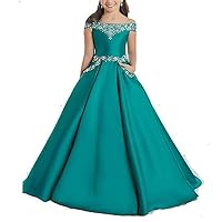 Girl's Satin Beaded Pageant Dress with Pockets A Line Off Shoulder Princess Ball Gown Turquoise