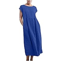 Plus Size Womens Cotton Linen Basic A-Line Dresses Summer Cap Sleeve Crew Neck Casual Loose High Waist Maxi Dress