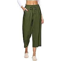 Women Lightweight Beach Pants Summer Casual Loose Fit Capri Pants Drawstring Elastic Waist Cropped Wide Leg Trousers