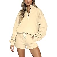 Kissonic Women 2 Piece Lounge Sets Oversized Sweatsuits Fleece Half Zip Sweatshirts Casual Short Tracksuit Set