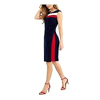Connected Apparel Womens Navy Stretch Ruched Color Block Cap Sleeve Scoop Neck Above The Knee Party Fit + Flare Dress 6