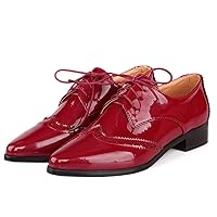 SHEMEE Women's Patent Leather Low Heels Vintage Wingtip Oxfords Pumps Lace Up Pointed Toe Flat Retro Brogues Dress Shoes