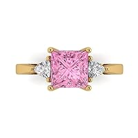 2.37ct Princess Trillion cut 3 stone Solitaire Pink Simulated Diamond designer Modern Statement Ring Solid 14k Yellow Gold