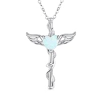 Midir&Etain Cross Chain 925 Sterling Silver Angel Wings Cross Pendant Necklace Opal Heart Necklace Angel Jewellery Cross Gifts for Women