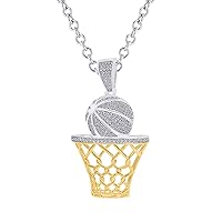 Basketball Lover Pendant Necklace Round Cut White Diamond 14k Two Tone Over .925 Sterling Silver
