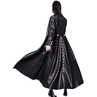 Women Autumn Long Skirted Red Black Leather Trench, Luxury Double Breasted Elegant Coat Plus Size