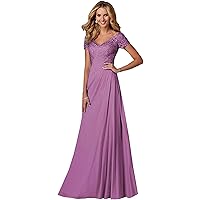 Mother of The Bride Dresses Long Laces Appliques V-Neck Cap Sleeve Pleat Formal Evening Gowns
