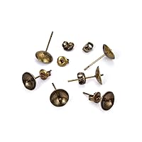 Adabele 100pcs Hypoallergenic Stud Earring Posts Findings Antique Bronze Plated Brass 8mm Setting Pearl Cup with 100pcs Earnut Backs for Earrings Making CF208-8
