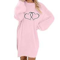 Women Mid Length Plush Dress Cute Heart Print Knit Sweater Dress Casual Loose Long Sleeve Fall Pullover Dresses