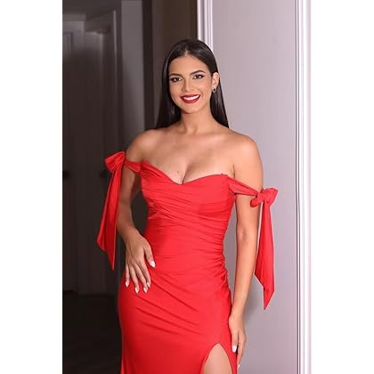 Satin Prom Dress with Slit Off Shoulder Bridesmaid Dresses Long Ruched Corset Mermaid Formal Party Gown