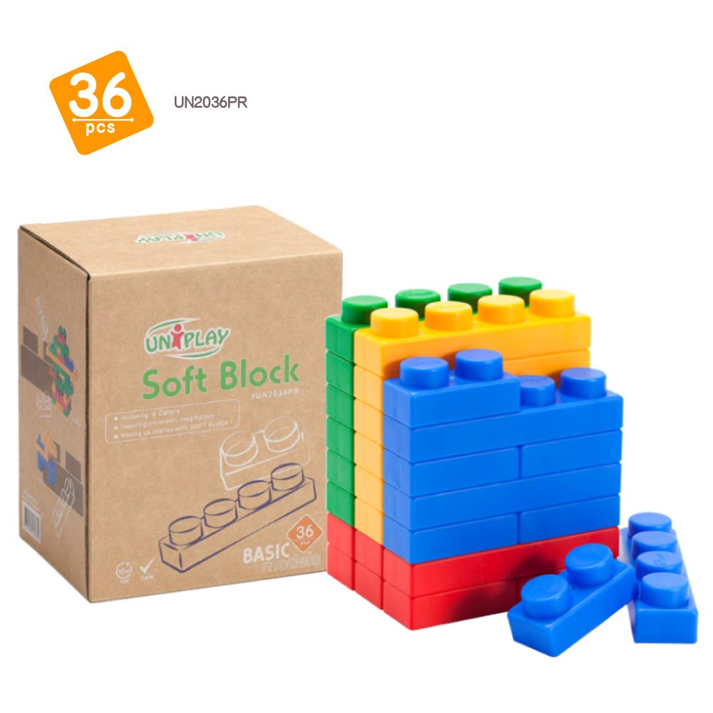 UNiPLAY Basic Soft Building Blocks — Cognitive Development Toy, Educational Blocks, Interactive Sensory Chew Toy for Ages 3 Months and Up (36-Piece Set)