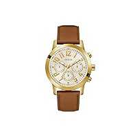 GUESS Men's 44mm Watch - Brown Strap White Dial Gold-Tone Case