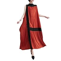 Summer Vintage Pleated Dress Women Half High Collar Asymmetrical Dress Sleeveless Loose Spliced Color Retro Dress