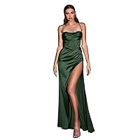 Basgute Satin Halter Corest Prom Dresses with Slit Long Bodycon Sexy Mermaid Maxi Formal Evening Party Gowns for Women
