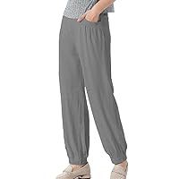 Minibee Women's Cotton Linen Tapered Cropped Pants Elastic Waist Trousers