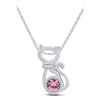 Round Cut Simulated Birthstone & White Cubic Zirconia CAT Pendant Necklace Jewelry For Women In 14k Gold Over Sterling Silver With 18