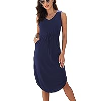 Hount Womens V Neck Sleeveless Casual T Shirt Dress Summer Midi Dress with Pockets