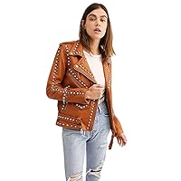 Women's Avail Tan Studded Faux Leather Motorcycle Jacket -Brown Slim Fit Streetwear Coat (US, Alpha, 6X-Large, Regular, Regular)