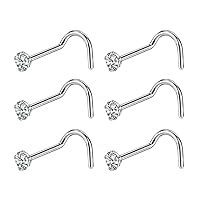 FANSING 6pcs Zircon Corkscrew Nose Rings 20 Gauge Surgical Steel Screw Nose Rings for Women 20g Nose Stud Set Prong Set Diamond Piercing Jewelry for Nostril 2.5mm CZ Studs
