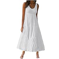 Tiered Ruffle Maxi Sundress Women Summer Sleeveless Scoop Neck A-Line Dress 2024 Casual Loose Fit Beach Tank Dresses