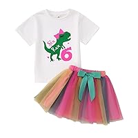 Toddler Baby Girl Birthday Cake Smash Outfit Short Sleeve Dinosaur Shirt Top Colourful Tutu Skirt Clothes Set