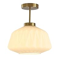Modern Semi Flush Mount Ceiling Lights Nordic Indoor Gold Ceiling Light with White Striation Glass Shade Hallway Ceiling Light Fixture for Bedroom Passway Entryway