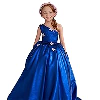 Princess Sweep Brush Train Flower Girl Dress Pageant & Performance Cute Prom Dress Satin with Pleats Fit 3-16 Years