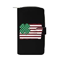 American Flag Irish Pride Clover Womens Leather Wallets Slim Card Holder Purse RFID Blocking Bifold Clutch Handbag Zippered Pocket