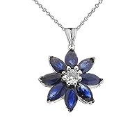GENUINE SAPPHIRE AND DIAMOND DAISY PENDANT NECKLACE IN WHITE GOLD - Gold Purity:: 10K, Pendant/Necklace Option: Pendant With 16