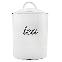 AuldHome Enamelware White Tea Canister; Rustic Distressed Style Tea Storage for Kitchen