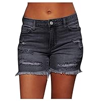 Women Mid Waist Ripped Raw Hem Lounge Denim Shorts Summer Trendy Casual Slim Fit Classic Button Fly Jean Shorts