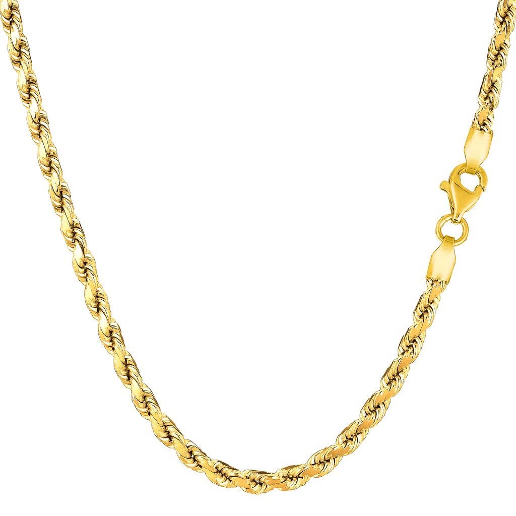 14k SOLID Yellow Gold 3.5mm Shiny Diamond-Cut Royal Solid Rope Chain Necklace for Pendants and Charms with Lobster-Claw Clasp (18