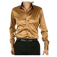 Men's Luxury Silky Shirts, Long Sleeve Loose Casual Silk Like Men Dress Shirt, Plus Size Wedding Party Stage Clothes
