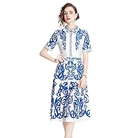 Summer Baroque Floral Print Collar Button Short Sleeve Women Ladies Casual Party Vacation Midi Dresses