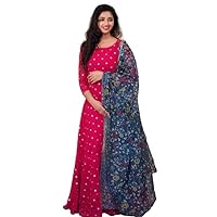 Indian Embroidery Georgette Gown For Women With Printed Dupatta Red Round Neck Red Color