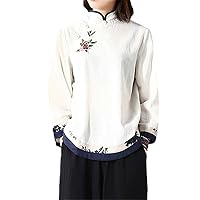 Embroidered Button Cotton Top Stand Collar Chinese Tea Art Women's -Shirt Spring Suit Blouse S1 S