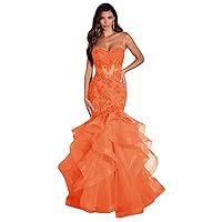 Women's Lace Applique Tulle Prom Dresses Long Mermaid Ruffles Sparkly Formal Evening Party Gown