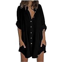 Women Cotton Linen Button Down Shirts 3/4 Sleeve Office Collared Blouses V Neck Casual Tops Loose Fit Beach Shirts