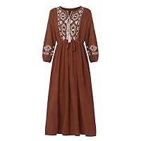 Solid Color Lace Accessory Dress:Loose,Round Neck,Embroidered Sleeve,Cotton Linen